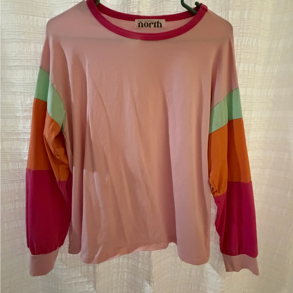 Colorblock Long Sleeve Tee - Pink, Green, Orange